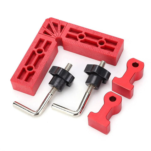 90 Degree Positioning Plastic Right Angle Clamp for Woodworking with 120mm Scale and complete accessories, red and black components displayed