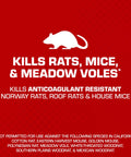 Proven Heavy Hitter Bromethalin Mouse And Rat Bait Blocks For Knockout Indoor And Outdoor Pest Control With Tamper Resistant Station Safety In Solid 4.25 Pound Bulk Pail warning label showing types of rodents killed.