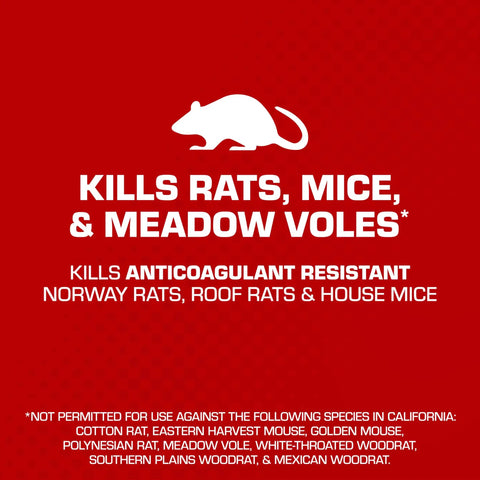 Proven Heavy Hitter Bromethalin Mouse And Rat Bait Blocks For Knockout Indoor And Outdoor Pest Control With Tamper Resistant Station Safety In Solid 4.25 Pound Bulk Pail warning label showing types of rodents killed.