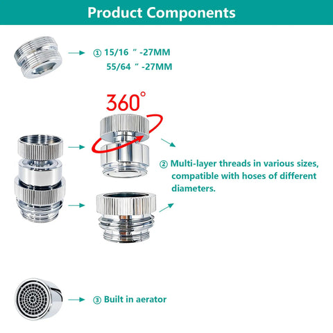 3/4 Inch GHT Thread Garden Hose Adapter With Aerator And 360 Degree Swivel Faucet To Hose Connector For Sink Bathroom And Kitchen Multi Thread Fit For Faucet Aerator And Hose Easy Quick Connect For Indoor Outdoor Use chrome brass parts