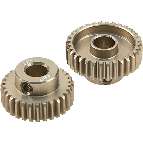 Dope 48DP 5mm Pinion Gear Set For 1 By 10 RC Cars, 7075 Aluminum, 30T, shown with detailed teeth and grub screw hole