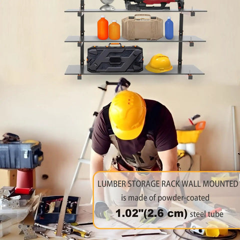 Worker in a workshop with Beefy 9 Level Wall Mount Wood Storage Rack, 1080 lb capacity, orange brackets, and shelves in background