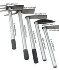 Complete 5 Piece Garden Tool Set With Hoe And Cultivator Hand Tiller Heavy Duty Carbon Steel Digging Tools arranged with length details