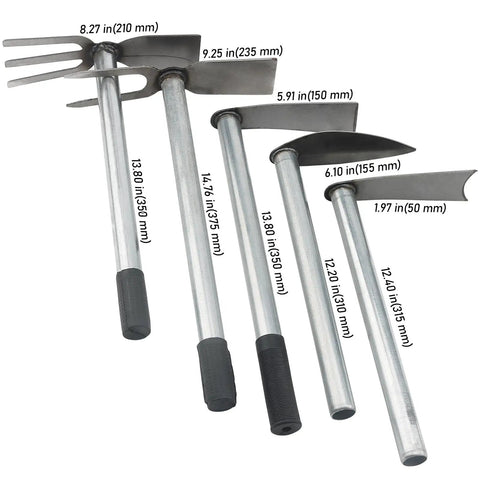 Complete 5 Piece Garden Tool Set With Hoe And Cultivator Hand Tiller Heavy Duty Carbon Steel Digging Tools arranged with length details