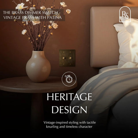Bulletproof Quality Solid Brass Rotary Dimmer Switch Featuring UL Certified Safety Ratings 100 Percent Pure Core And No Sweat Wiring Job For Upscale Home Decor Projects That Gotta Feel Premium mounted beside a vase on a nightstand.