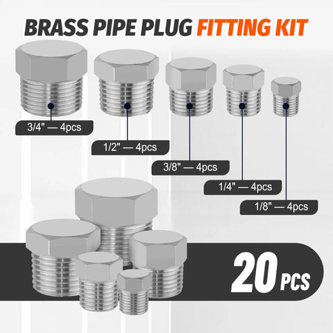 Image of 20 Pcs 304 Stainless Steel Hex Pipe Plug Fittings Kit With 1/8 In, 1/4 In, 3/8 In, 1/2 In, 3/4 In NPT Male Threaded Plugs displayed.