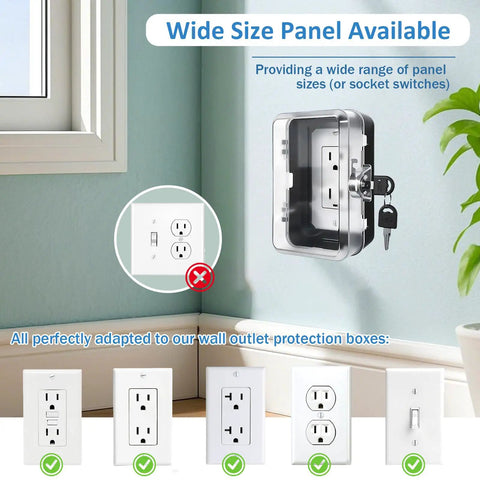 Heavy Duty Childproof Outlet Lock Box With Two Durable Keys, Tool Free Install, shown protecting a wall outlet.