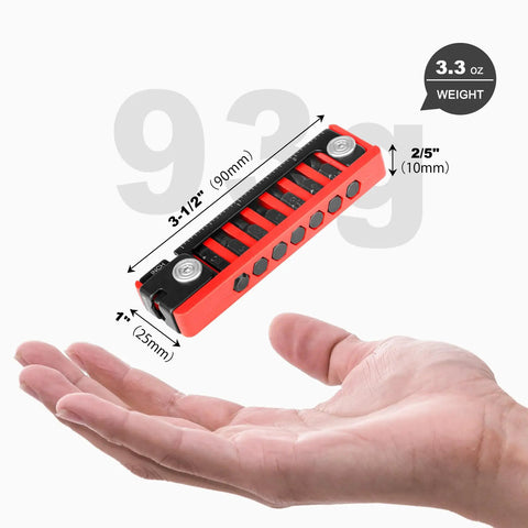 Hand holding 7 In 1 Bike Multitool With Hex Wrenches And Screwdrivers, Ruler, Joint Levers, And Key Ring, size dimensions shown