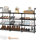 Heavy Duty Black Metal Shoe Rack With Four Tiers And Three Rows, holds 30 pairs of sneakers in organized display.