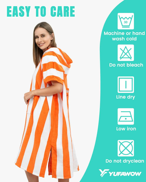 Hooded Surf Poncho Towel For On The Go Privacy Women Men Changing Robe with orange stripes side view, easy to care instructions