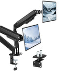 Built Tough Heavy Duty Dual Monitor Arm Stand With Full Motion Adjustment, supports 17 to 32 inch screens, black steel frame.
