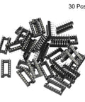 30 pieces of Dual Row 2.54mm Pitch DIP IC Socket Connector, 16 Pins with round solder pins in black, shown in a scattered pile