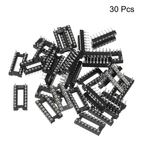 30 pieces of Dual Row 2.54mm Pitch DIP IC Socket Connector, 16 Pins with round solder pins in black, shown in a scattered pile