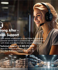 Customer support representative with headset, promoting strong after-sales support, and warehouse images below.