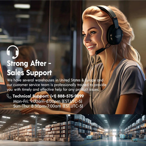 Customer support representative with headset, promoting strong after-sales support, and warehouse images below.