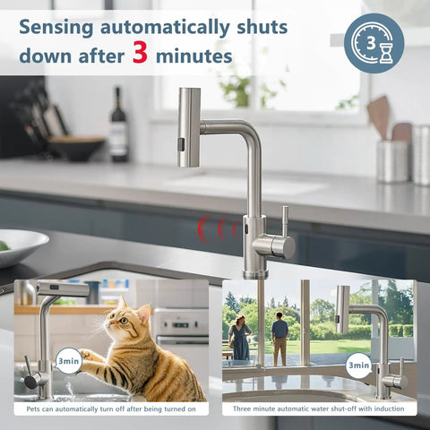 Slick Hands Free Kitchen Sink Faucet With Pull Down Sprayer And Waterfall Flow Featuring 360 Degree Swivel Design And No Sweat Auto Shut Off Feature For Everyday Home Cooking Tasks shown with automatic shutoff timer.