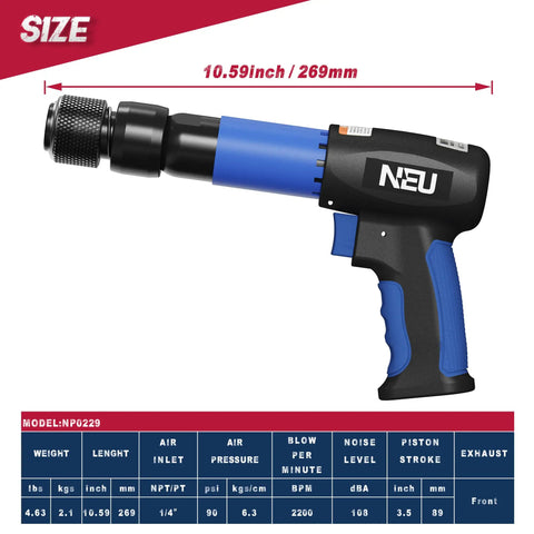 Air Hammer Chisel Kit With 4 Chisels And Quick Change Retainer, 2200 BPM, 250mm Barrel, Front Exhaust, size chart