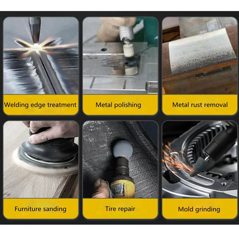 Various applications of 11 Inch Extended Straight Air Die Grinder High Speed Pneumatic Grinding Tool with Comfort Grip.