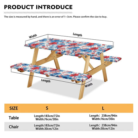 Floral Picnic Table And Bench Cover Set on wooden picnic table showing size dimensions in 72x30 inches.