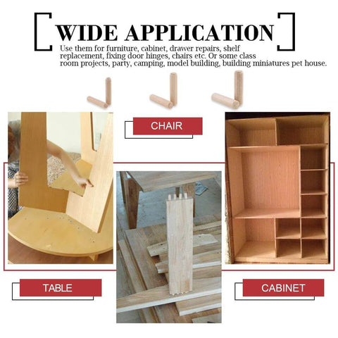 Premium Wood Dowel Pins Set 400 Pieces 6mm 8mm 10mm L Fluted Beveled Ends in use with furniture, chair, and cabinet projects.