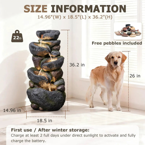 5 Tier Rock Solar Water Fountain Outdoor Garden With LED Lights 36 Inch Tall next to dog for size comparison