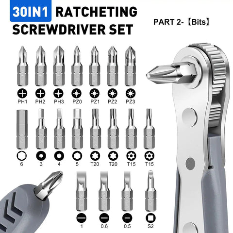 30in1 Right Angle Screwdriver Kit With 36-Tooth Mini Ratchet Wrench For Tight Spots And Tight Corners, tool bits displayed