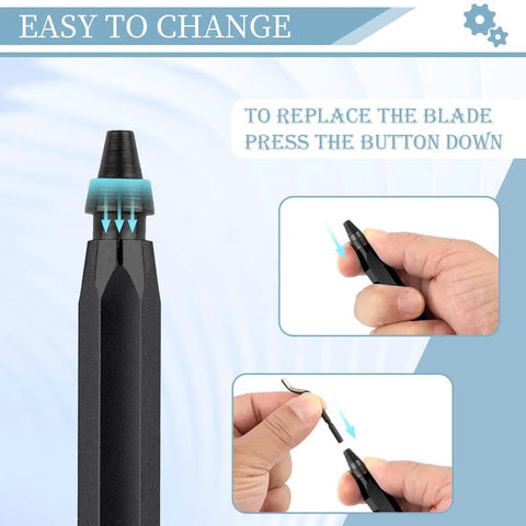 Workhorse Deburring Tool With 12 HSS Blades And Quick Swap Handle for removing blades easily, showing close-up demo