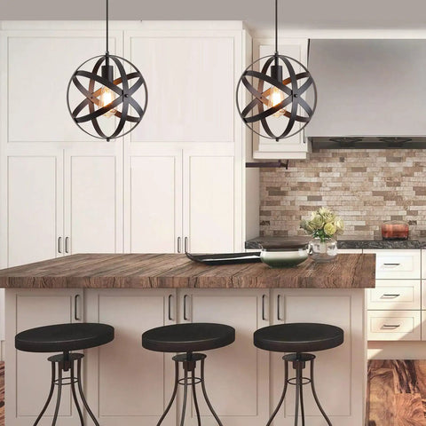 Farmhouse Black Globe Cage Pendant Light With Industrial Rustic Metal Look over kitchen island
