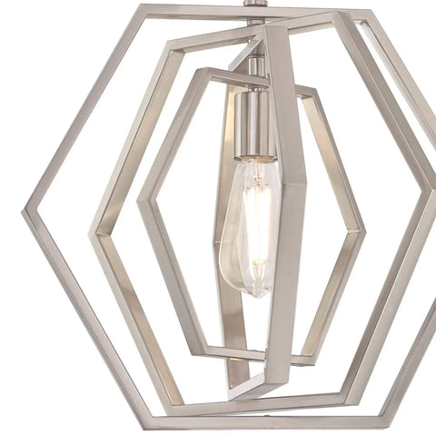 Close-up of Holly One-Light Indoor Pendant in Brushed Nickel Finish, hexagon design, 15-inch, sloped ceiling compatible ceiling light.