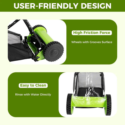 12 Inch Push Reel Lawn Mower With Adjustable Cutting Height From 0.67 To 1.3 Inches And 5 Blade Power For Effortless, Clean Cuts And Quick Yard Maintenance On Weekends, green wheels and grass bag