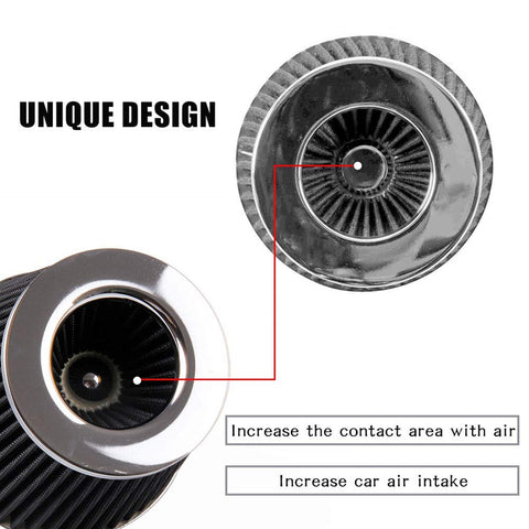 Top view of Universal Clamp On Air Intake Filter Kit for cars and motorcycles, showing filter design and air increase detail.