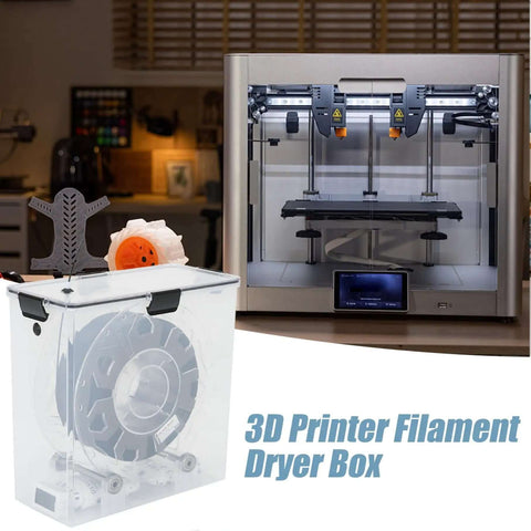 See Through Filament Dryer Box For 3D Printer with air tight seal, clear lid, displayed next to a 3D printer in a workshop setting.