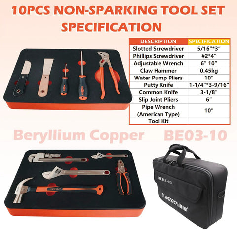Non Sparking 10 Piece Tool Set Built Like A Workhorse With Beryllium Copper Tools Including Screwdrivers Pliers Adjustable Wrench