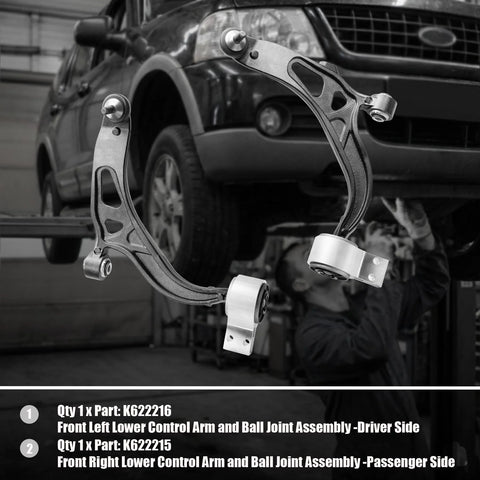 Front Lower Control Arms With Greasable Ball Joints For Ford Explorer 2011-2019 And Police Interceptor Utility 2013-2019 Driver And Passenger Side Kit Replaces K622215 K622216 installed view with mechanic in background