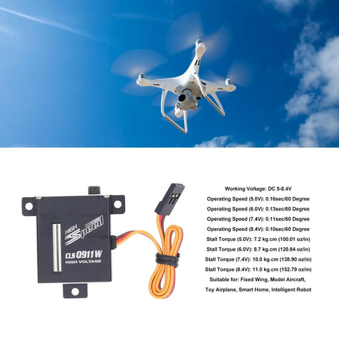 Heavy Duty Digital Servo Motor With High Metal Gears For RC Drone Smart Car And Robotics Kits shown mounted on a quadcopter in flight.