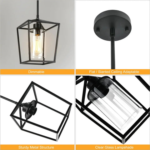 Top Shelf 2 Pack Modern Farmhouse Pendant Lights For Kitchen Island Featuring Matte Black Iron Cage And Clear Glass Shade. Dimmable with sturdy metal structure.