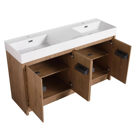 60 Inch Bathroom Resin Vanity Sink Featuring Sleek Modern Style Heavy Duty Construction with open cabinets and white glossy finish.