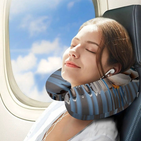 Woman using Mallard Duck Travel Neck Pillow Ergonomic U Shape Memory Foam Pillow on airplane with clouds outside window