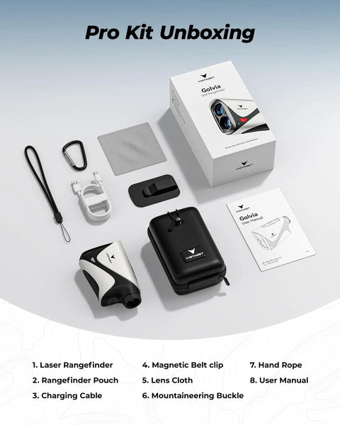 Golf Range Finder With 1200 Yard Range 7x Magnification TriMeasure unboxing with accessories and packaging.