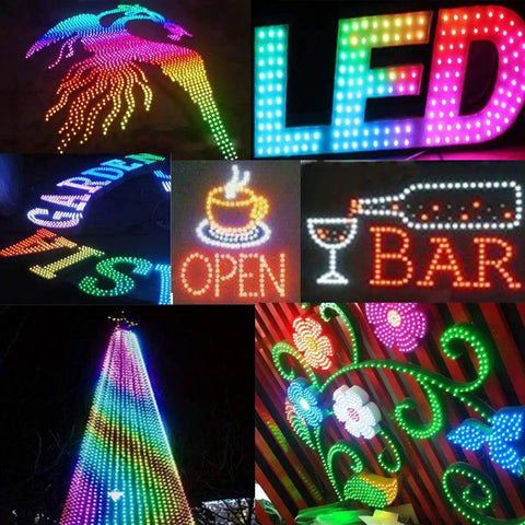 Digital Addressable WS2811 LED String Lights Waterproof RGB Full Color 12mm Outdoor 500pcs signage example with colorful designs.