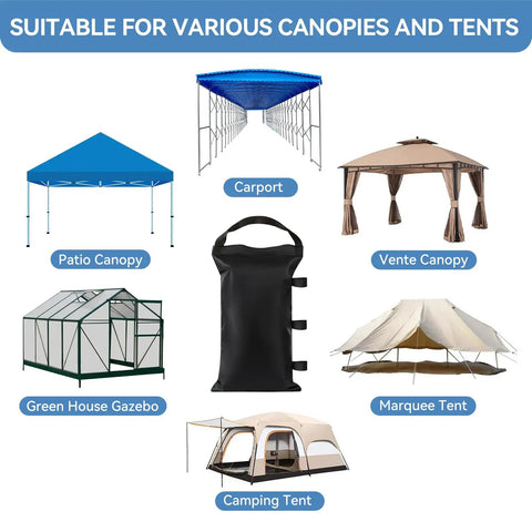 Heavy Duty Sand Bags For Canopy Legs Set Of 4 Empty Weight Bags for various tent and canopy types shown against a blue background.