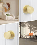 Gold Dummy Door Knobs Set Four Pack Heavy Duty Zinc Alloy With Brushed Gold Finish installed on white doors indoor view