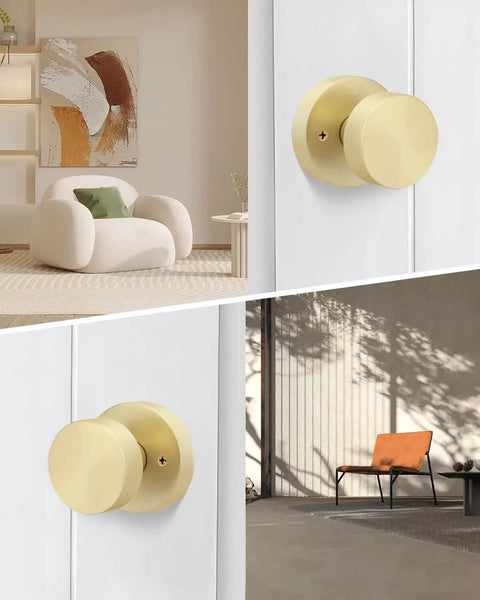 Gold Dummy Door Knobs Set Four Pack Heavy Duty Zinc Alloy With Brushed Gold Finish installed on white doors indoor view