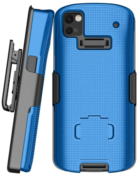Kickass Protective Kickstand Case And Ratchet Holster Combo For Zebra TC53 TC58 in fresh blue with swivel belt clip and textured finish.