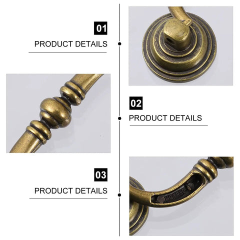 Close-up images of Four Piece Old School Vintage Drawer Pulls Set Antique Wardrobe Handles Alloy Cabinet Hardware details.