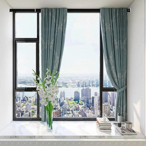 Heavy Duty Tension Curtain Rod 43 To 162 Inches No Drilling Adjustable 1.26 Inch Diameter For Large Curtains In Windows Doors Bathrooms And Outdoor Spaces Black installed on large window with view
