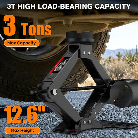 Heavy Duty Electric Car Jack With 3 Ton Lift Capacity Portable Tire Swap Kit For Suv And Pickup Quick Roadside Rescue Zero Fuss Alloy Steel Build with max height of 12.6 inches.