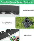 DIY Friendly No Dig Landscape Edging Kit 4-Inch By 50 Feet With 75 Spikes Flexible Plastic Border shown with scissors and stakes