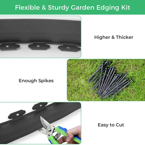 DIY Friendly No Dig Landscape Edging Kit 4-Inch By 50 Feet With 75 Spikes Flexible Plastic Border shown with scissors and stakes