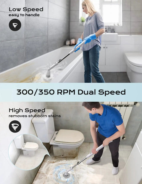 Person using Cordless Electric Spin Scrubber With Dual Speed Settings, Extendable Arm, And Four Replaceable Heads in bathroom